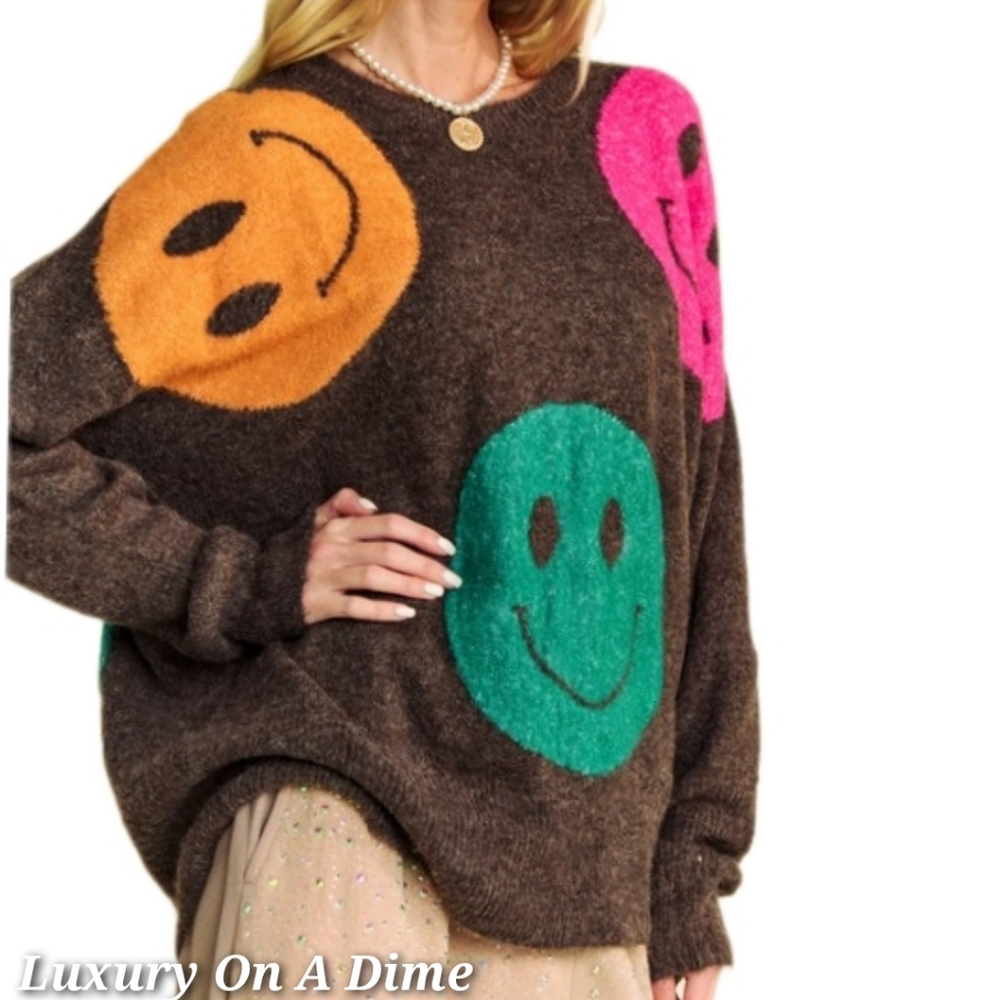 DAVI & DANI Knit Smiley Face Contrast Long Sleeve Oversized Pullover Sweater Top - Picture 2 of 16